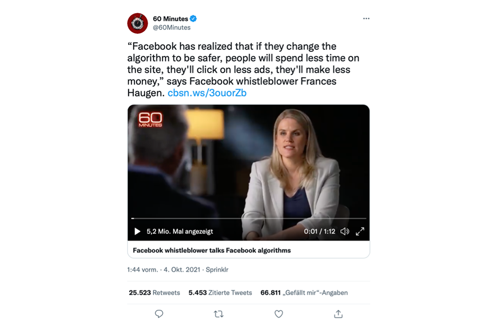 Screenshot tweet: 60 Minutes, Facebook whistleblower talks Facebook algorithms, Twitter, 04.10.2021